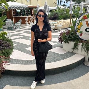 Women’s Black Knit Maxi Jumpsuit - Sleek Short Sleeve Design